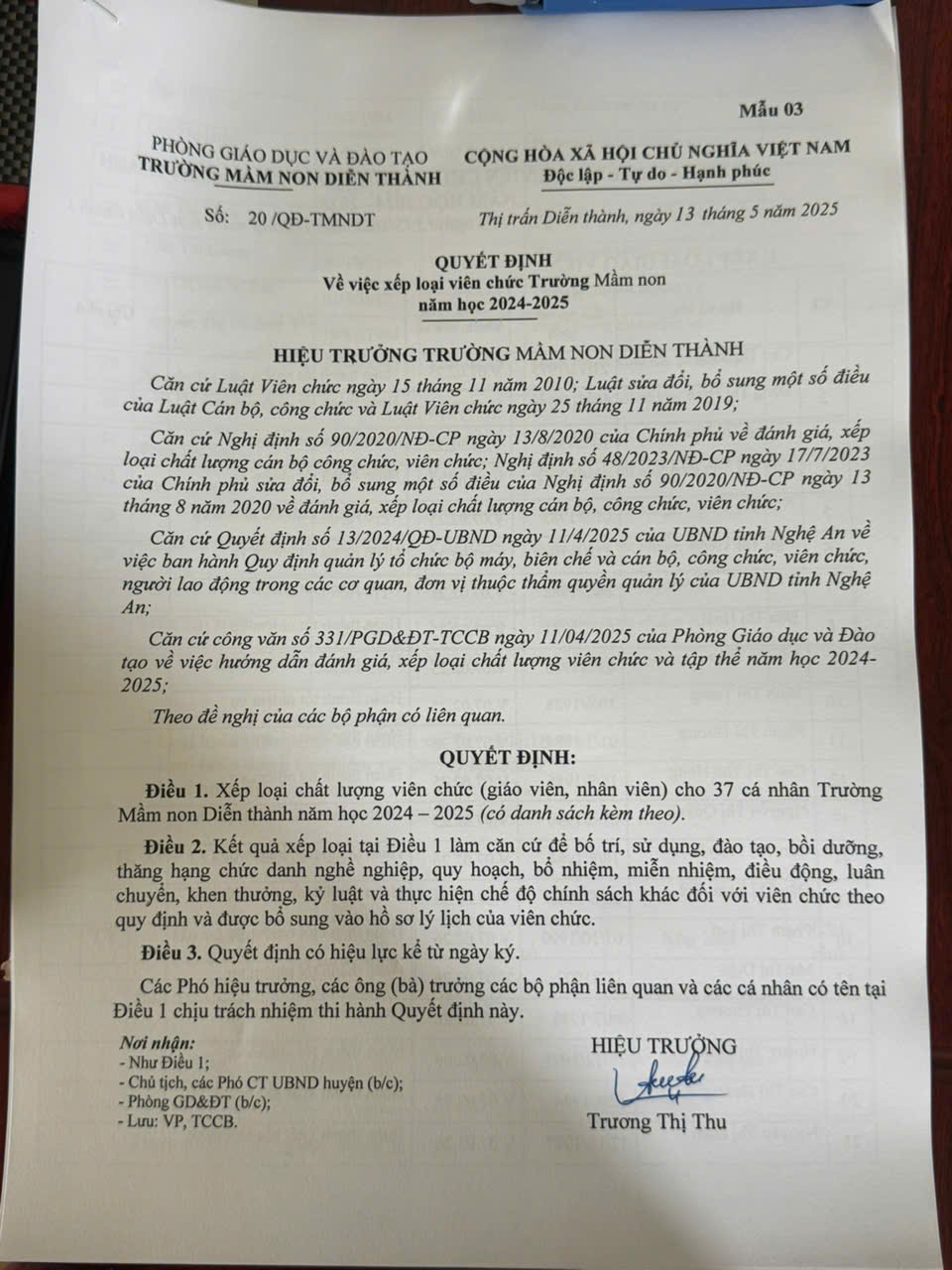 QUYẾT ĐỊNH VỀ VIỆC XẾP LOẠI VIÊN CHỨC TRƯỜNG MN NĂM HỌC 2024-2025